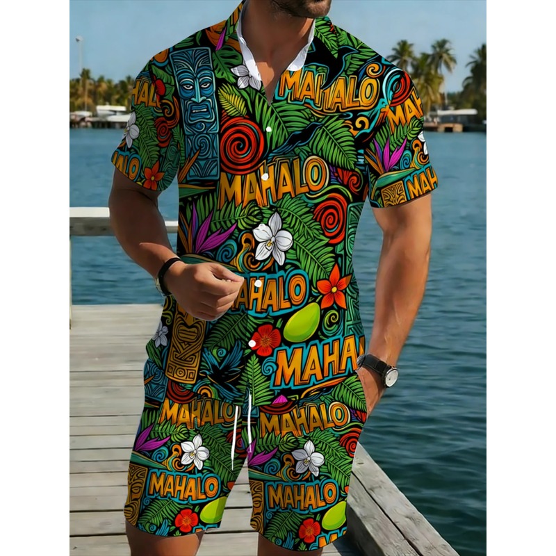 Beach Shirt Hawaiian - Men's Hawaiian Shirt Shorts Set Tropical