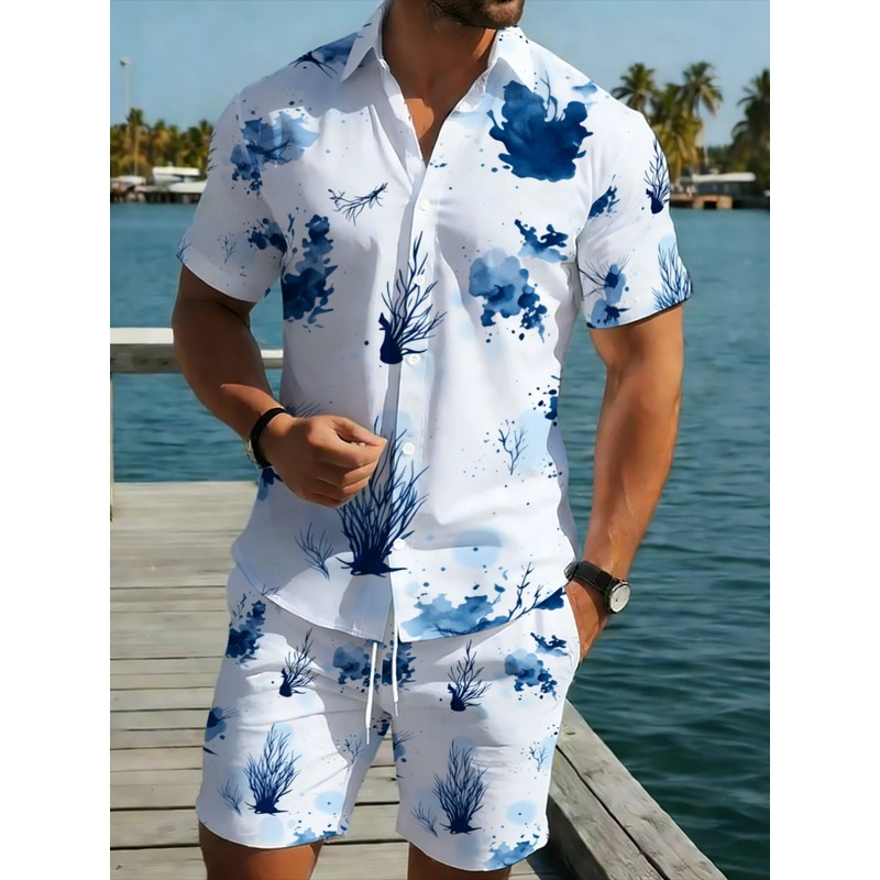 Beach Shirt Hawaiian - Men's Summer Hawaiian Shirt Shorts Set