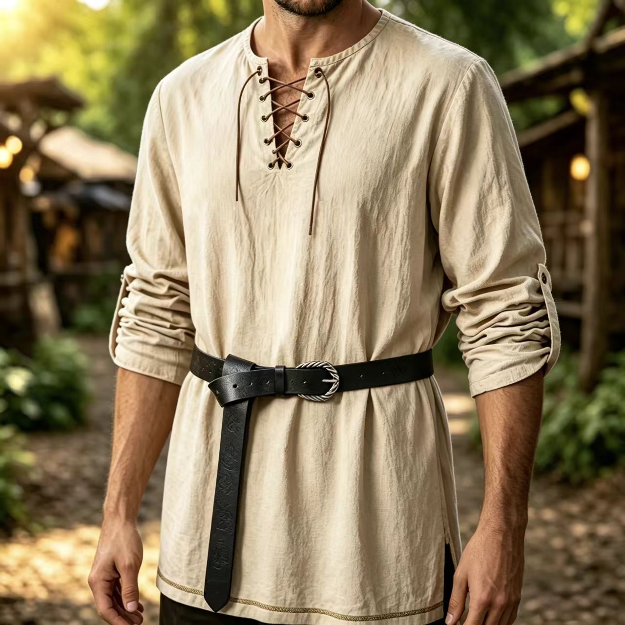 Summer Viking Clothing - Men Medieval Lace Up Linen Long