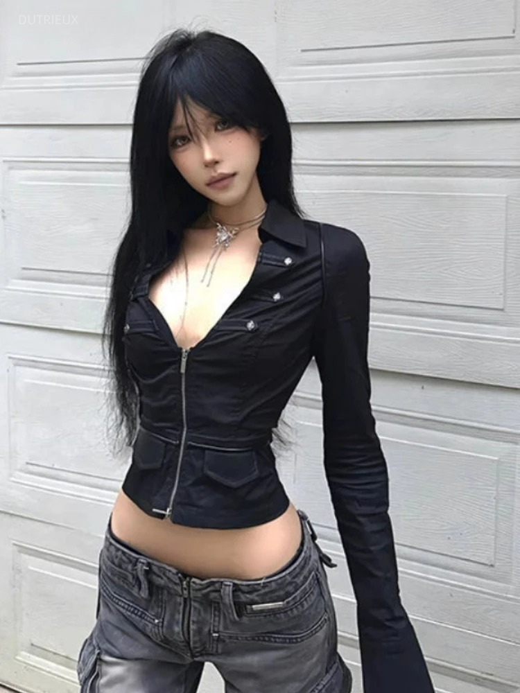 Summer Grunge Clothing - Y2k Aesthetic Women Sexy Blouse Solid