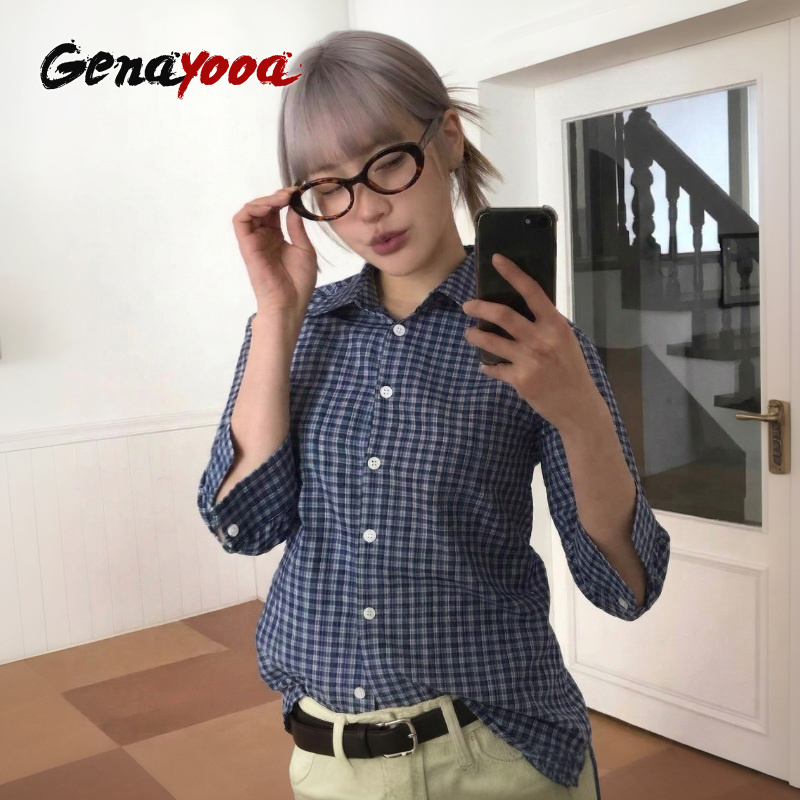 Summer Grunge Clothing - Genayooa Y2k Plaid Shirt Women Three