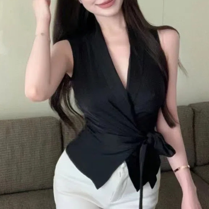 Summer Clothing Trends For Women - Temperament V Neck Bandage Sleeveless Shirt