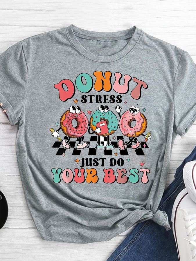 Summer Clothing Trends 2025 - Cartoon Donut Print T-shirt, Short Sleeve