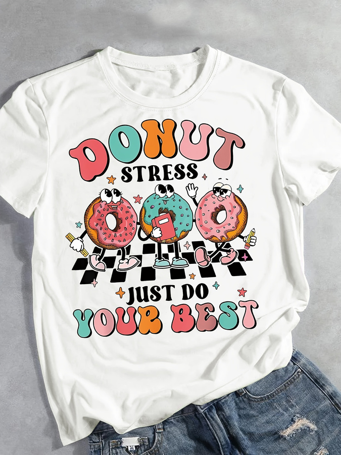 Cartoon Donut Print T-shirt, S - đánh giá và giá Summer Clothing Trends 2025